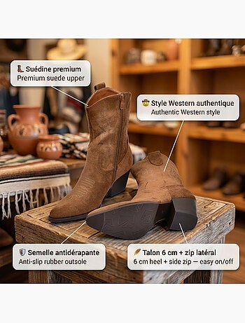 Botins santiag mulher camurça salto bloco 6 cm a meio da perna ponta afilada ozabi
