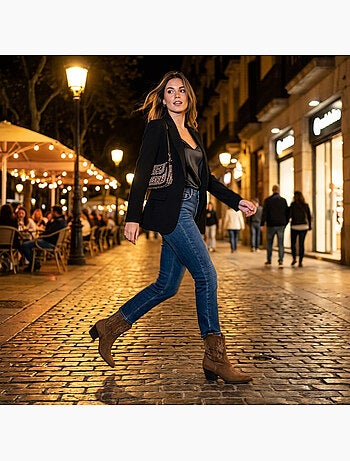 Botins santiag mulher camurça salto bloco 6 cm a meio da perna ponta afilada ozabi