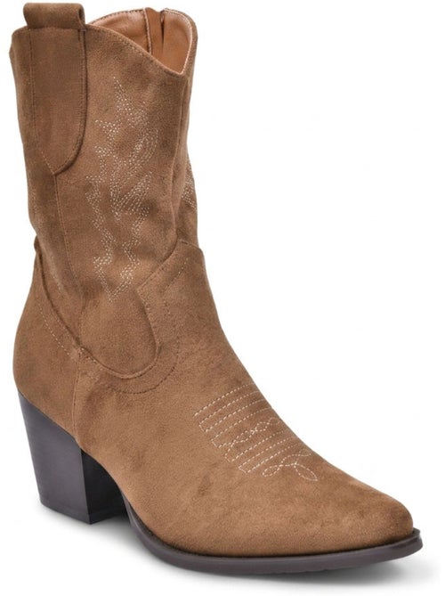Botins santiag mulher camurça salto bloco 6 cm a meio da perna ponta afilada ozabi - Kiabi Botins santiag mulher camurça salto bloco 6 cm a meio da perna ponta afilada ozabi - Kiabi