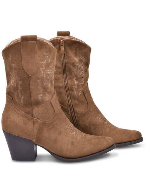 Botins santiag mulher camurça salto bloco 6 cm a meio da perna ponta afilada ozabi - Kiabi Botins santiag mulher camurça salto bloco 6 cm a meio da perna ponta afilada ozabi - Kiabi