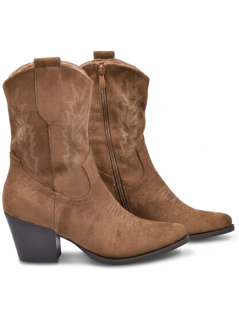 Botins santiag mulher camurça salto bloco 6 cm a meio da perna ponta afilada ozabi Castanho-caramelo - Kiabi