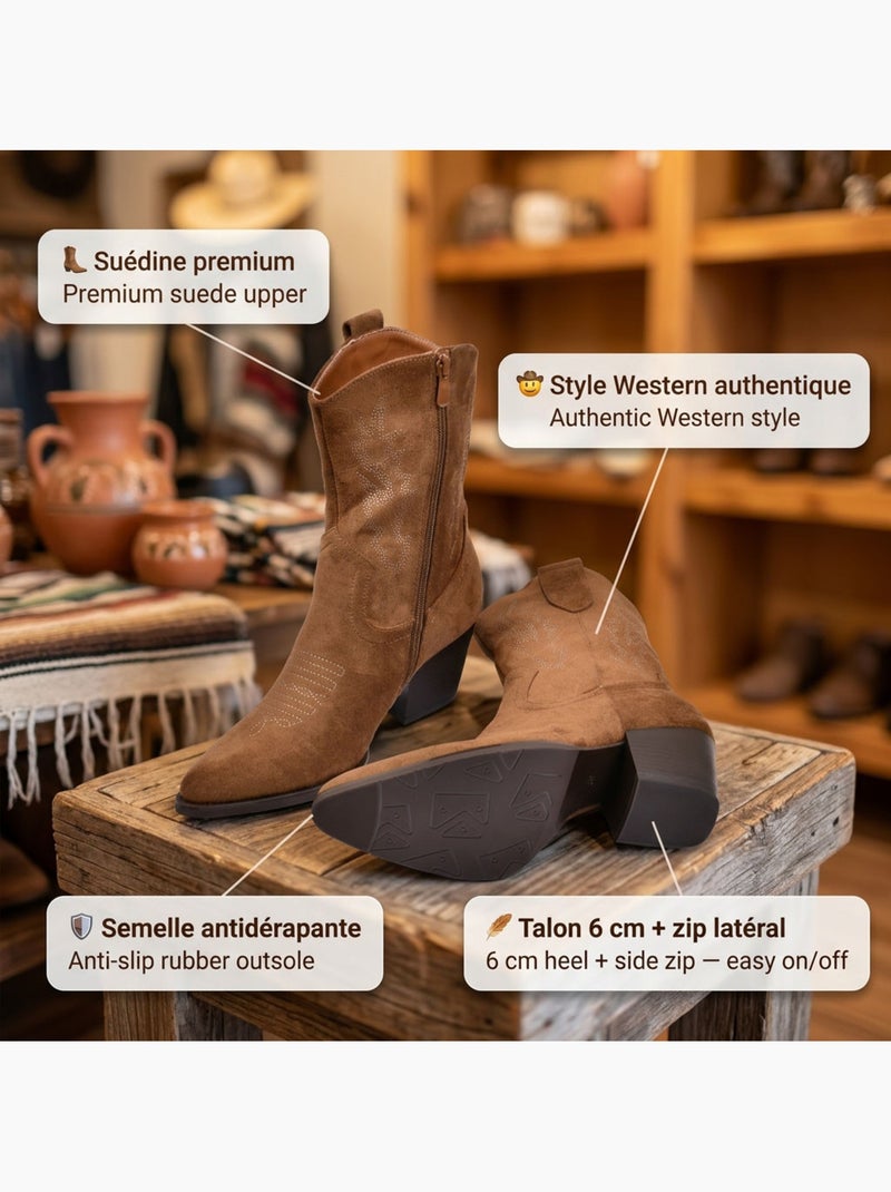 Botins santiag mulher camurça salto bloco 6 cm a meio da perna ponta afilada ozabi Castanho-caramelo - Kiabi