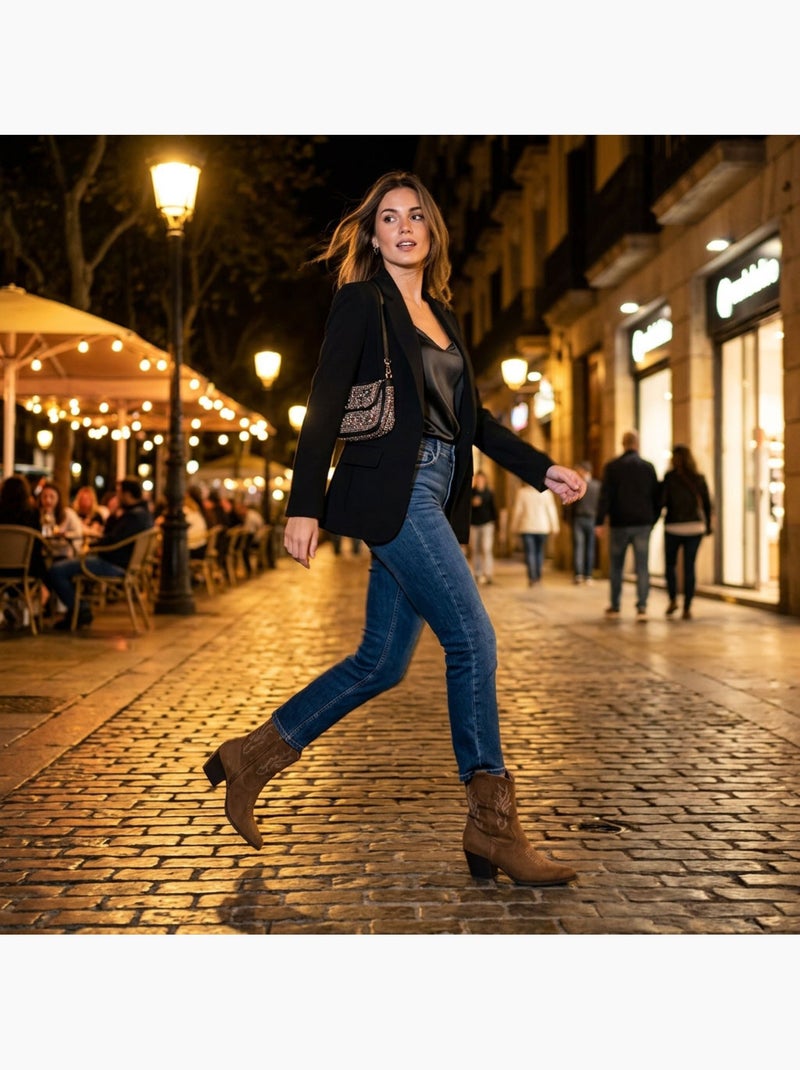 Botins santiag mulher camurça salto bloco 6 cm a meio da perna ponta afilada ozabi Castanho-caramelo - Kiabi