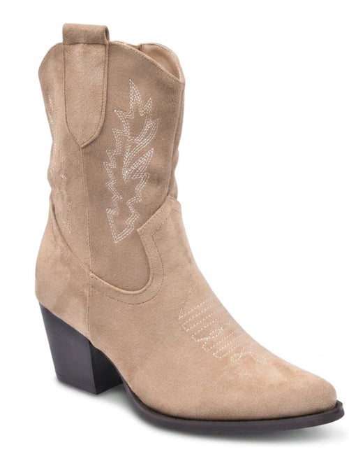 Botins santiag mulher camurça salto bloco 6 cm a meio da perna ponta afilada ozabi - Kiabi Botins santiag mulher camurça salto bloco 6 cm a meio da perna ponta afilada ozabi - Kiabi