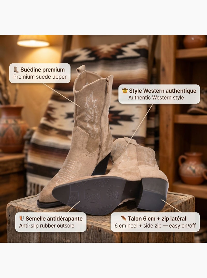 Botins santiag mulher camurça salto bloco 6 cm a meio da perna ponta afilada ozabi Toupe - Kiabi