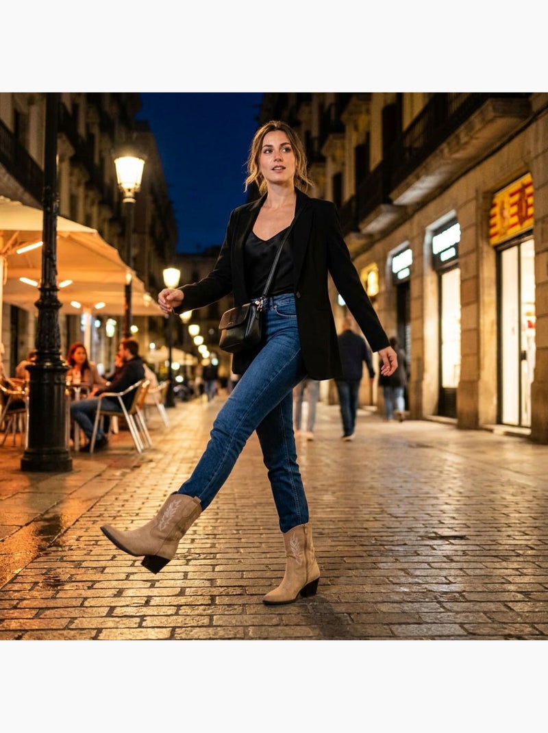 Botins santiag mulher camurça salto bloco 6 cm a meio da perna ponta afilada ozabi Toupe - Kiabi