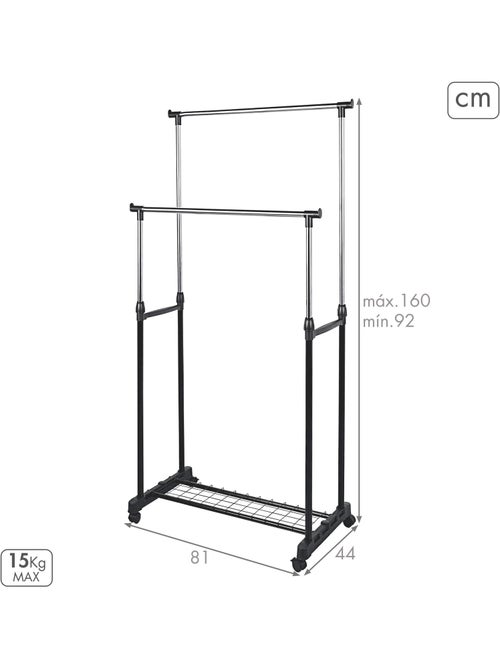 Cabideiro duplo max home, altura ajustável, com rodas e cabideiro inferior - Kiabi