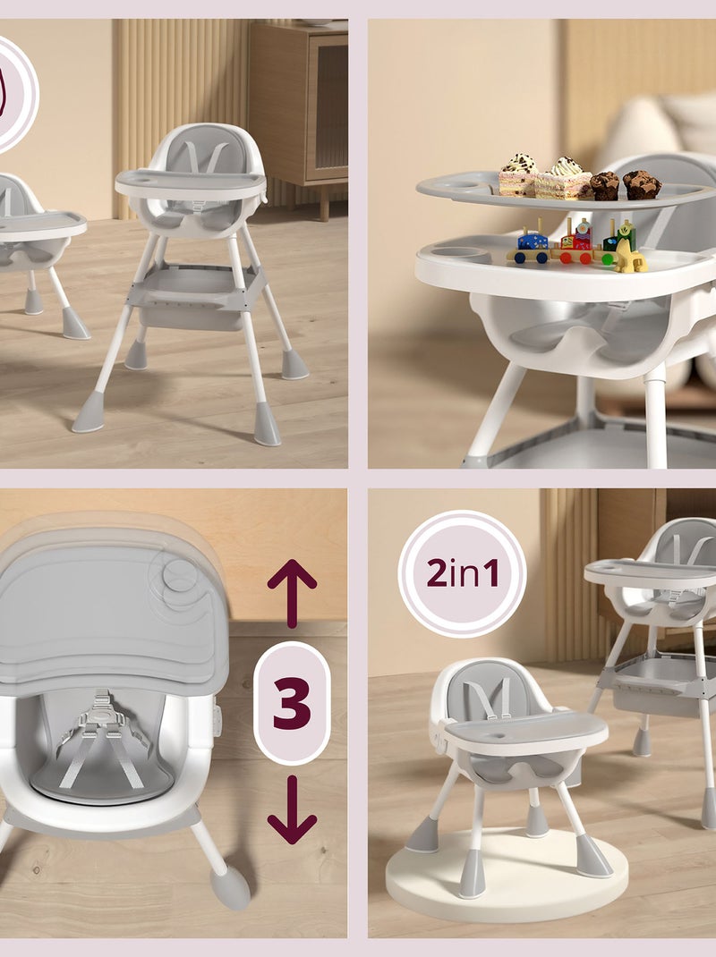 Cadeira de alimentação 2 em 1 magnolia evolutiva com tabuleiro duplo e cinto de 5 pontos Cinza - Kiabi