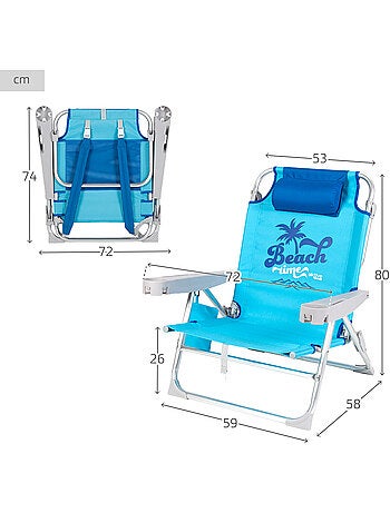 Cadeira de praia baixa, 5 posições, 53x58x80 cm, azul, com almofada e bolsa removível aktive