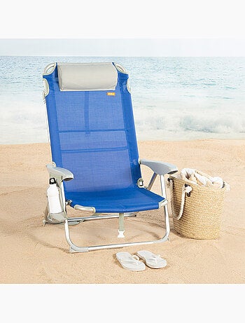 Cadeira de praia dobrável multiposições 50x50x88 cm azul com bolsos, almofada e alça