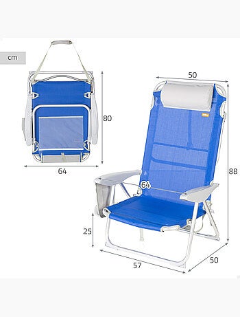 Cadeira de praia dobrável multiposições 50x50x88 cm azul com bolsos, almofada e alça