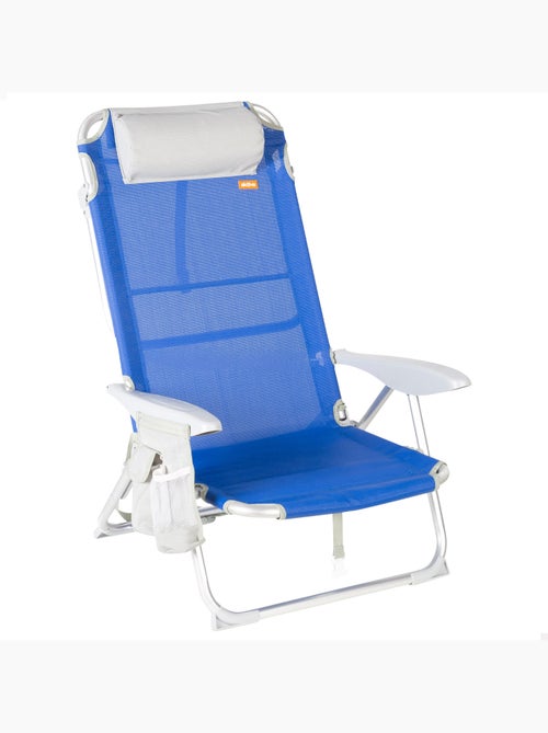 Cadeira de praia dobrável multiposições 50x50x88 cm azul com bolsos, almofada e alça - Kiabi Cadeira de praia dobrável multiposições 50x50x88 cm azul com bolsos, almofada e alça - Kiabi