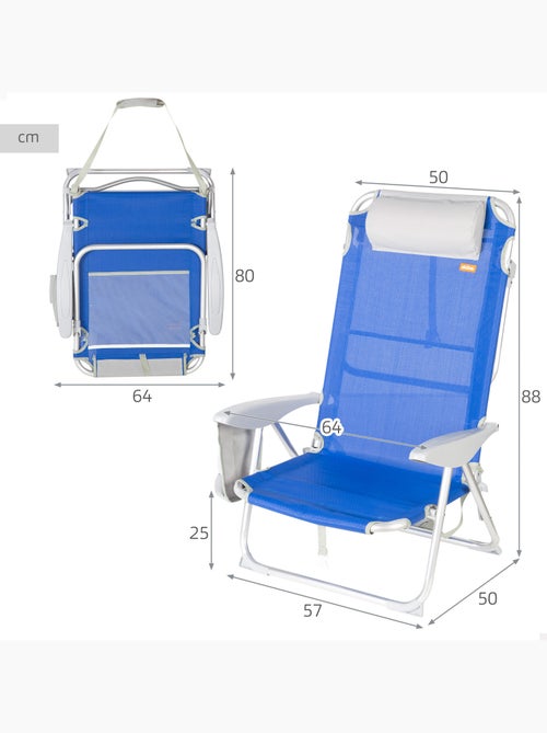Cadeira de praia dobrável multiposições 50x50x88 cm azul com bolsos, almofada e alça - Kiabi Cadeira de praia dobrável multiposições 50x50x88 cm azul com bolsos, almofada e alça - Kiabi
