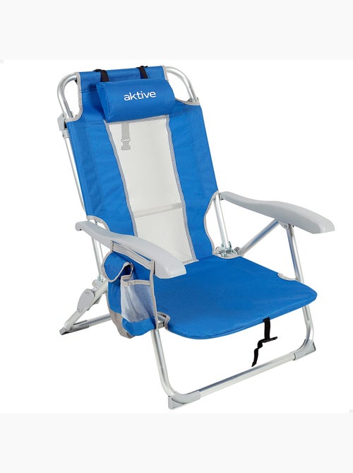 Cadeira de praia e espreguiçadeira 7 posições azul com almofada e bolsos aktive} - Kiabi
