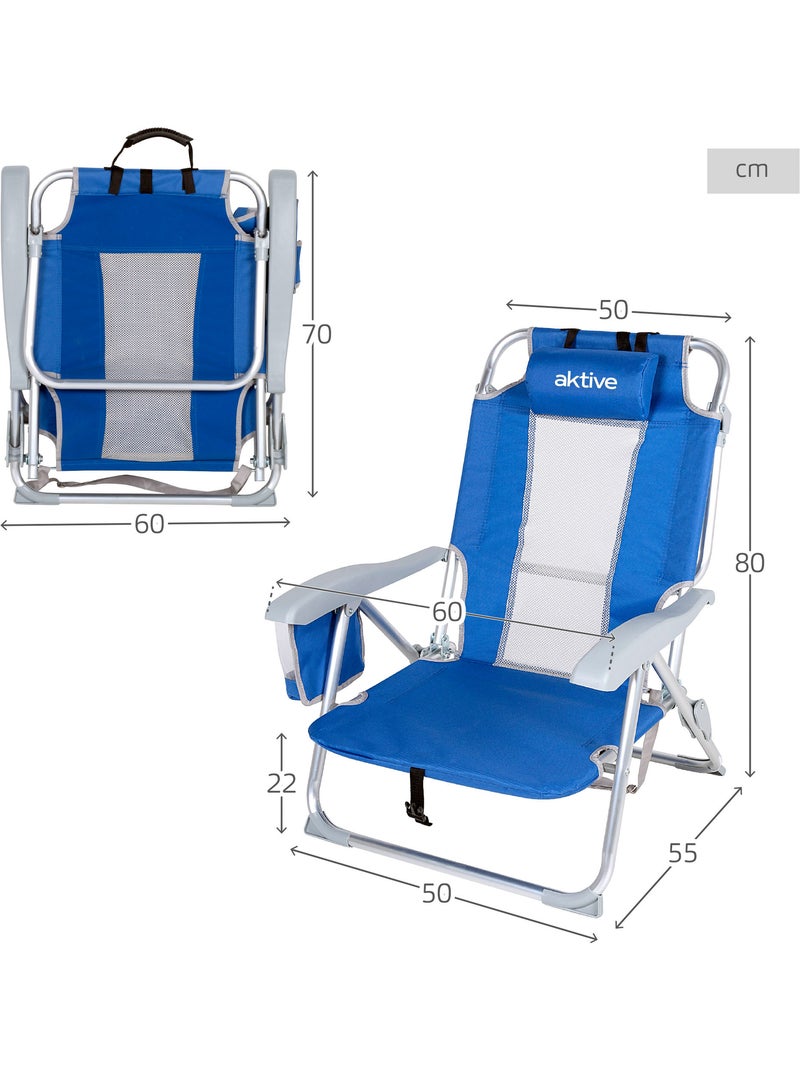 Cadeira de praia e espreguiçadeira 7 posições azul com almofada e bolsos aktive} Azul - Kiabi