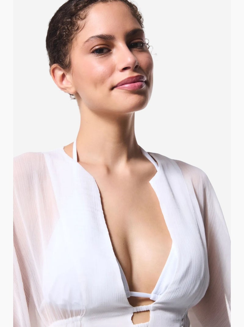 Caftan mini básico em chiffon com decote em v penti Branco - Kiabi