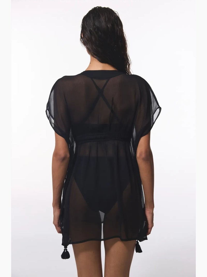 Caftan mini básico em chiffon com decote em v penti Preto - Kiabi