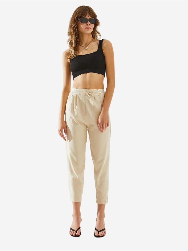 Calça com detalhe de cintura em linho espinha de peixe lucci Branco sujo - Kiabi