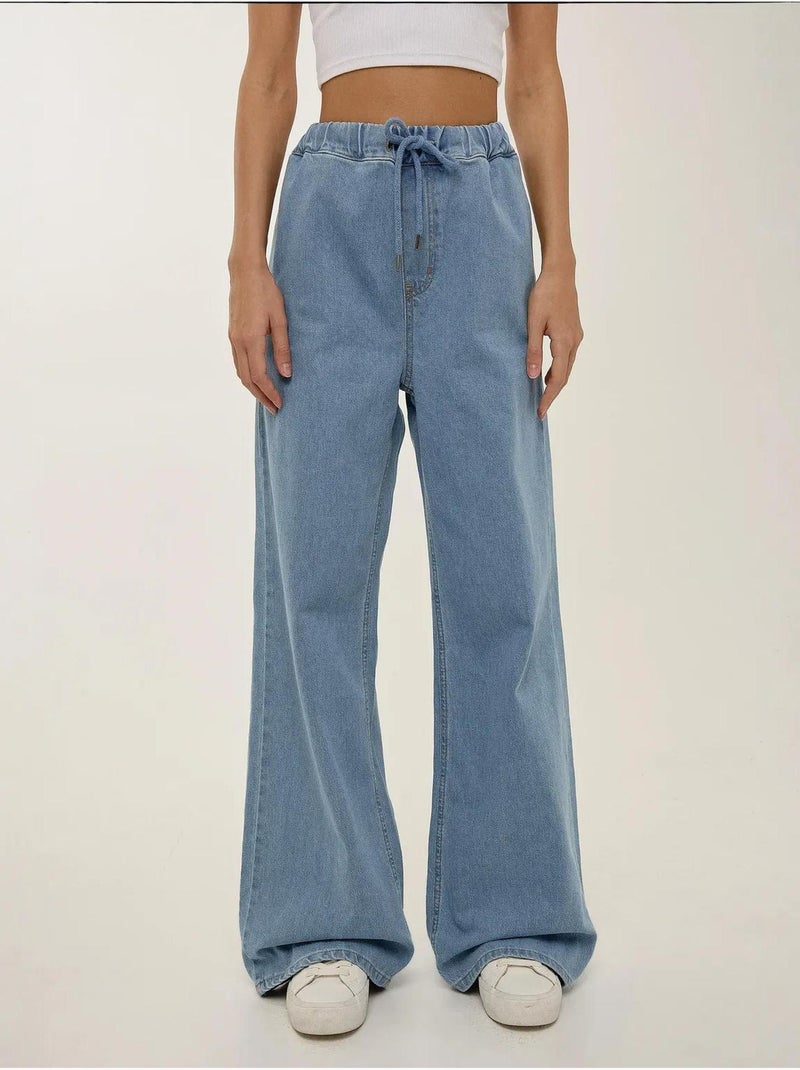 Calça de ganga larga com cintura alta e cordão hiccup Azul - Kiabi