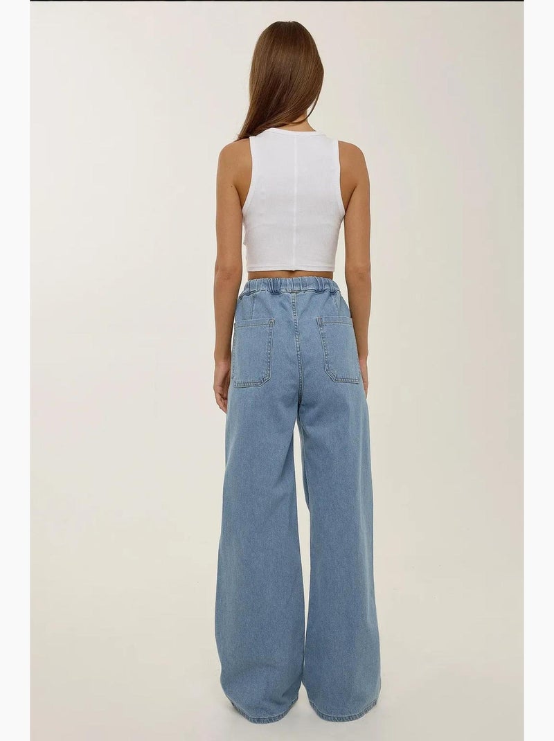 Calça de ganga larga com cintura alta e cordão hiccup Azul - Kiabi