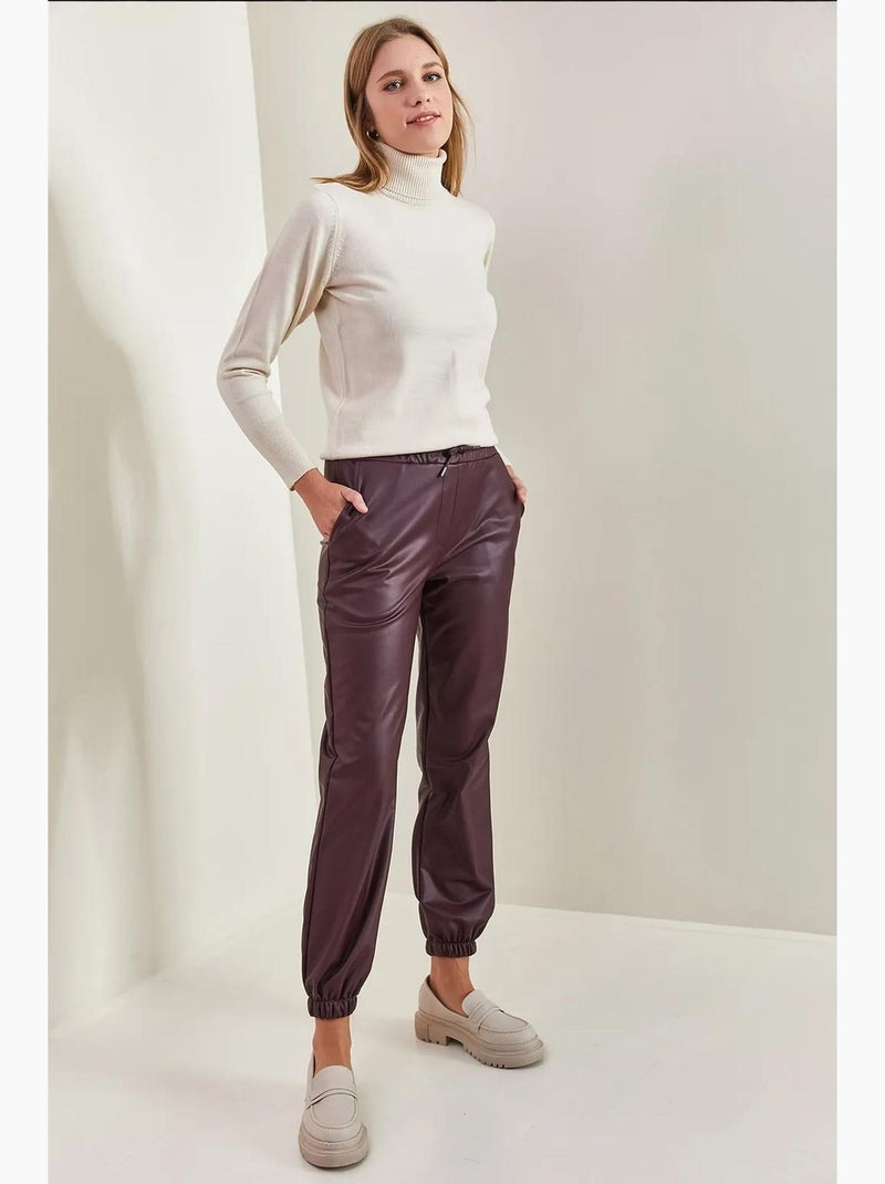 Calça de pele com cós elástico e punhos lucci Vermelho bordô - Kiabi