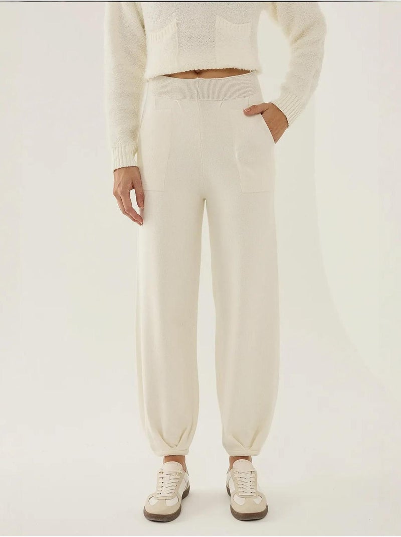 Calça Jogger de Malha de Cintura Alta Bege natural - Kiabi