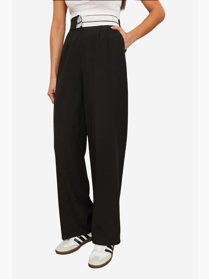 Calça palazzo com perna larga e cintura assimétrica e botões lucci Preto - Kiabi