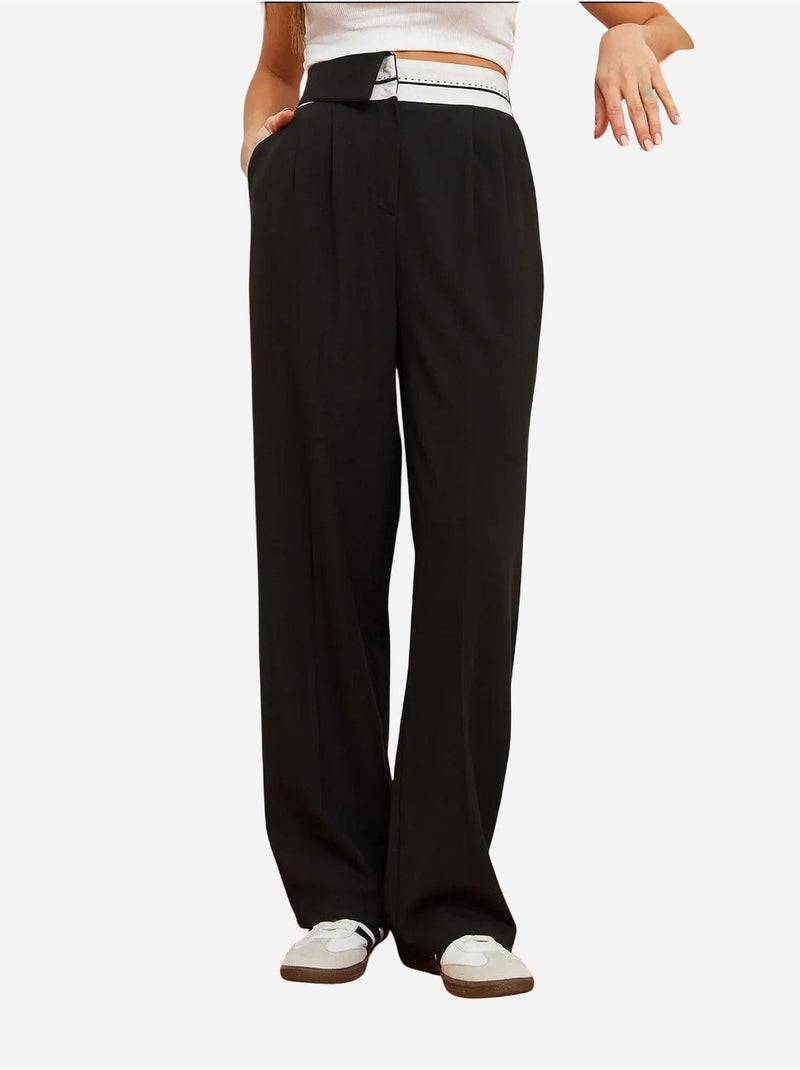 Calça palazzo com perna larga e cintura assimétrica e botões lucci Preto - Kiabi