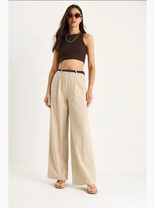 Calça palazzo de linho com cinto de palha e detalhe de bolso lucci - Kiabi Calça palazzo de linho com cinto de palha e detalhe de bolso lucci - Kiabi
