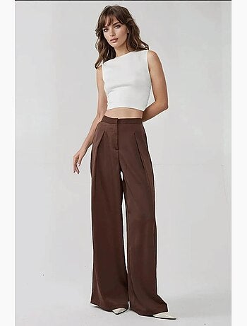 Calça Palazzo em Cetim com Cintura Alta e Pernas Largas