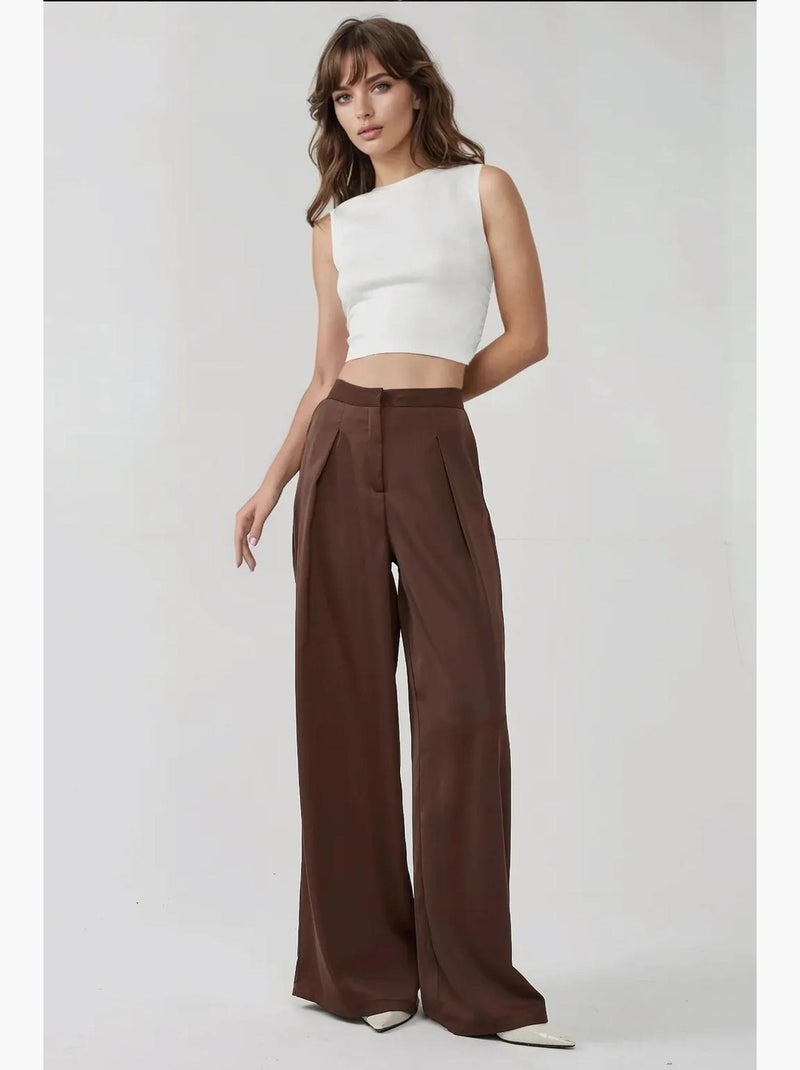 Calça palazzo em cetim com cintura alta e pernas largas hiccup Castanho - Kiabi