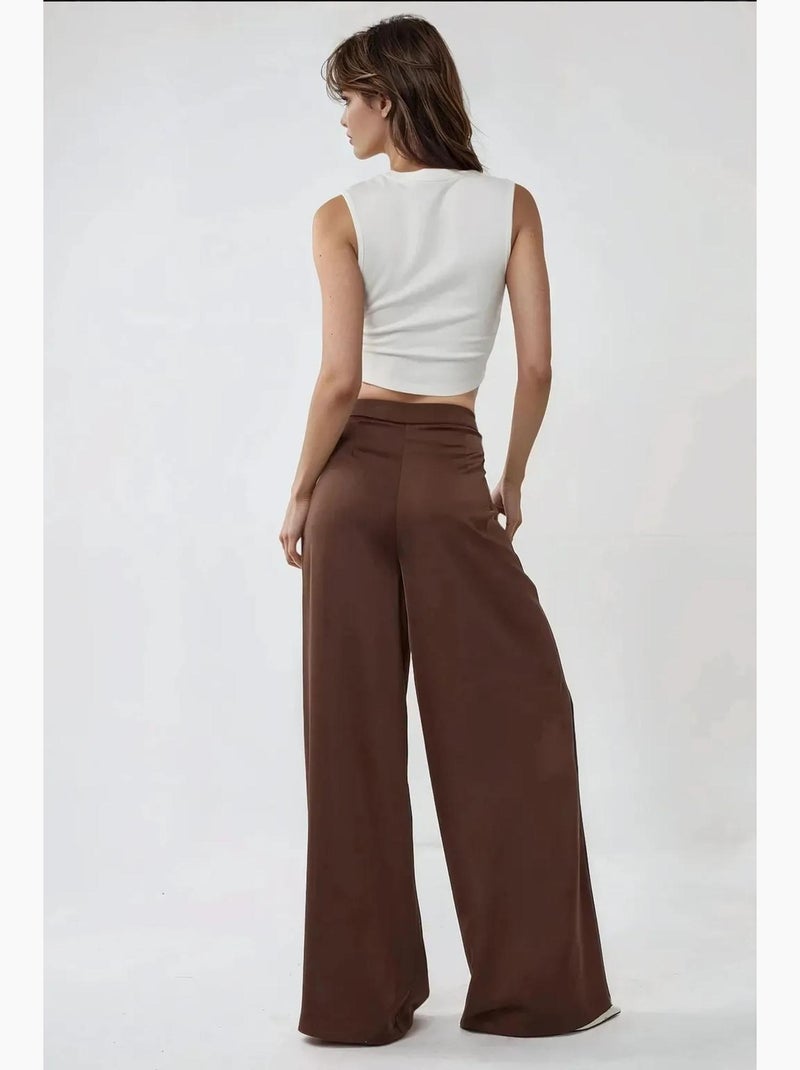 Calça palazzo em cetim com cintura alta e pernas largas hiccup Castanho - Kiabi
