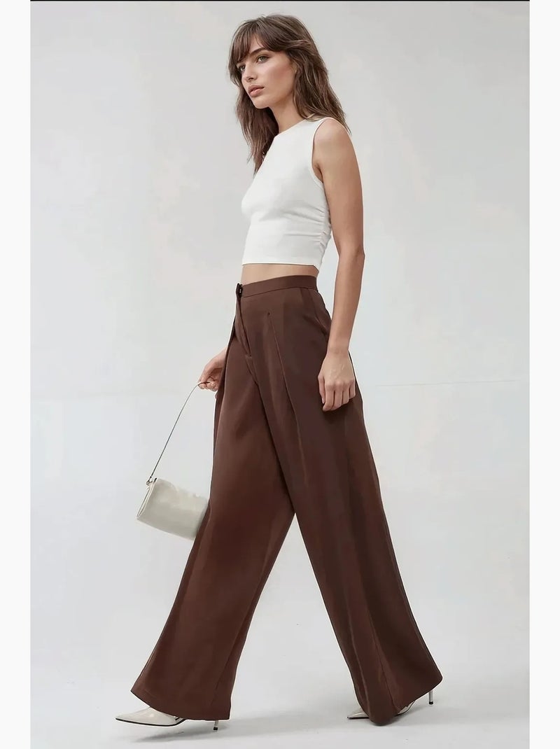 Calça palazzo em cetim com cintura alta e pernas largas hiccup Castanho - Kiabi
