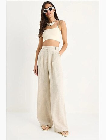Calça palazzo em linho com bolsos finos listrados lucci