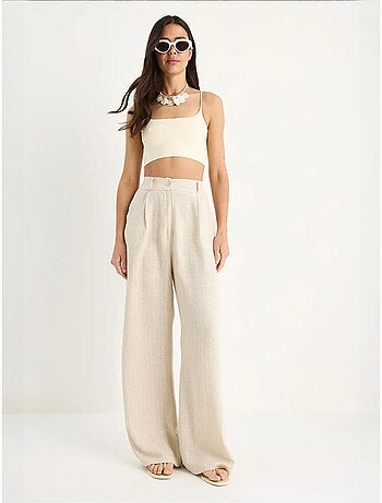 Calça palazzo em linho com bolsos finos listrados lucci