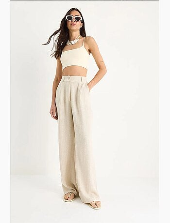 Calça palazzo em linho com bolsos finos listrados lucci