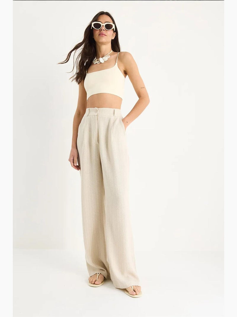 Calça palazzo em linho com bolsos finos listrados lucci Bege-argila - Kiabi