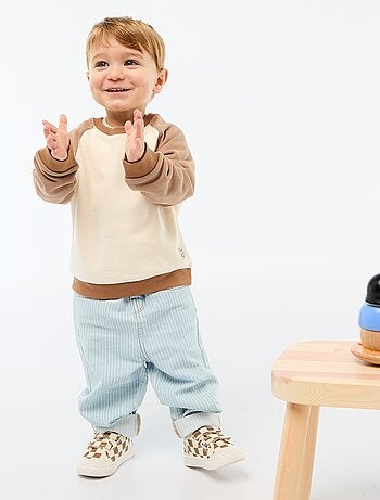 Calças às riscas de ganga ajustáveis em algodão