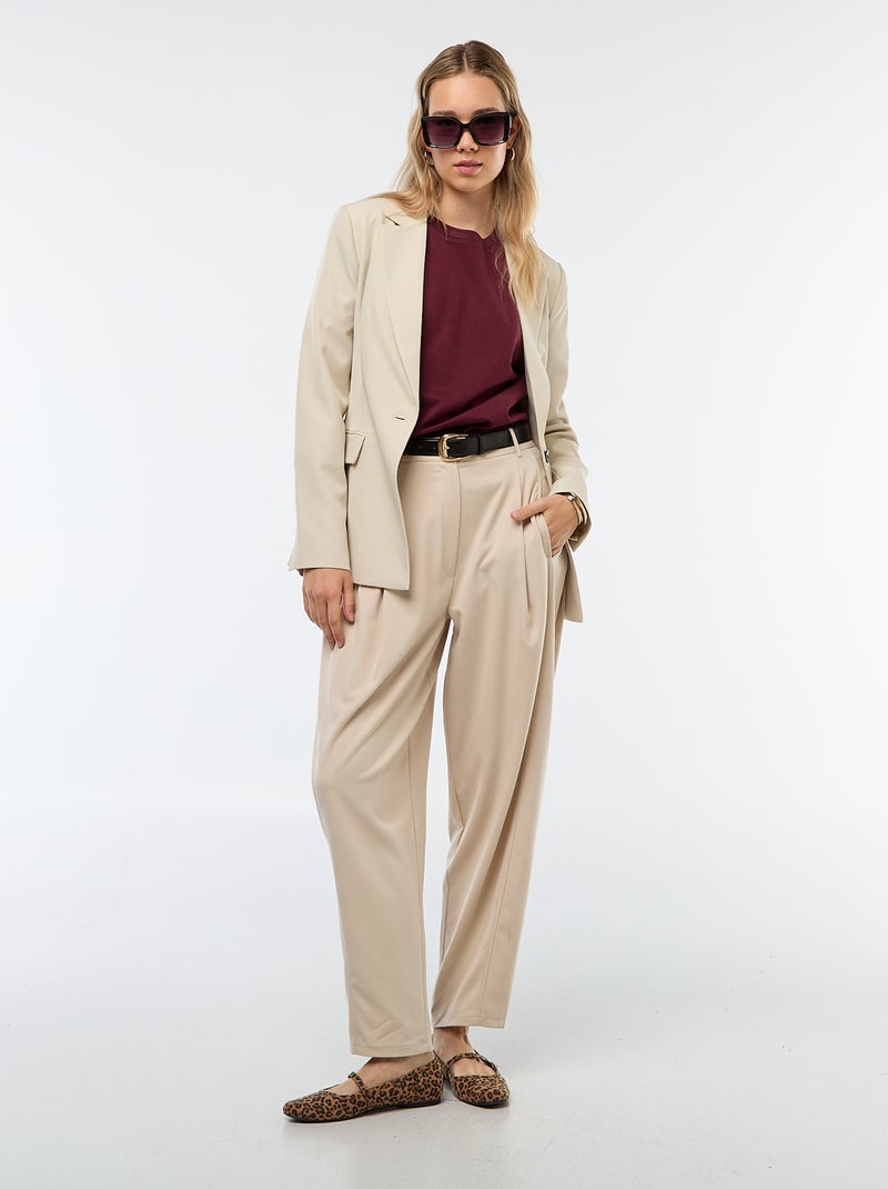 Calças balão de cintura subida lisas Bege - Kiabi