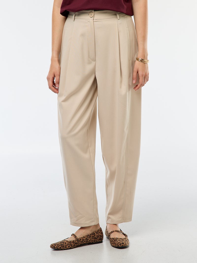 Calças balão de cintura subida lisas Bege - Kiabi