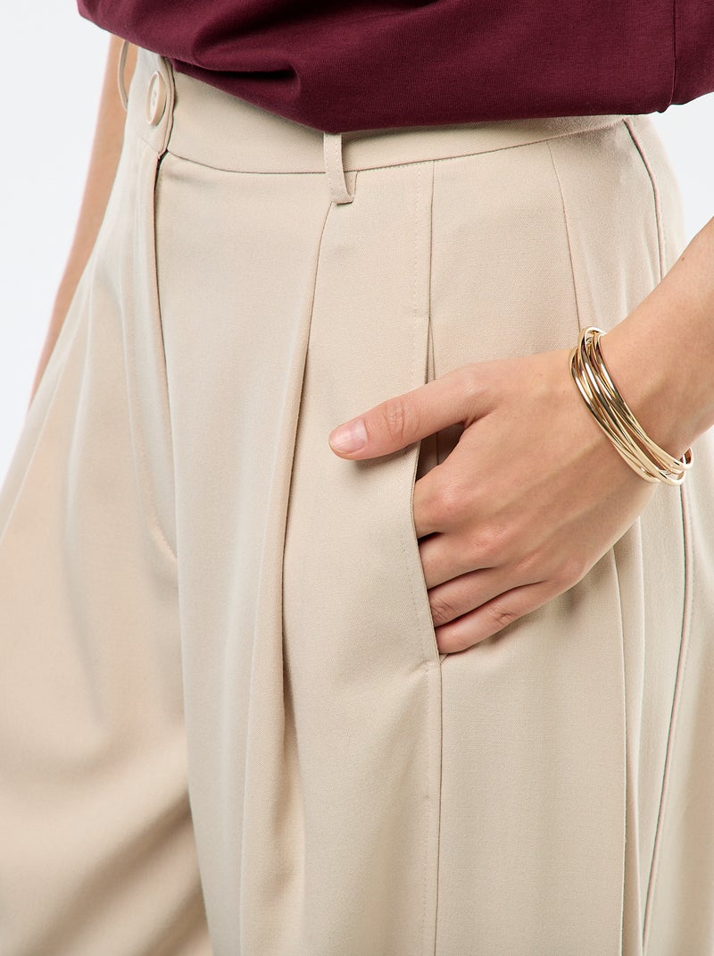 Calças balão de cintura subida lisas Bege - Kiabi