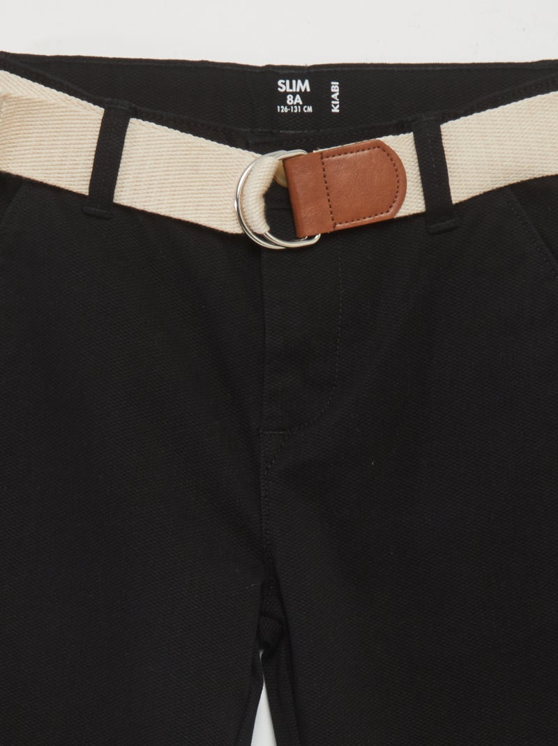 Calças chino de sarja com cinto Preto - Kiabi