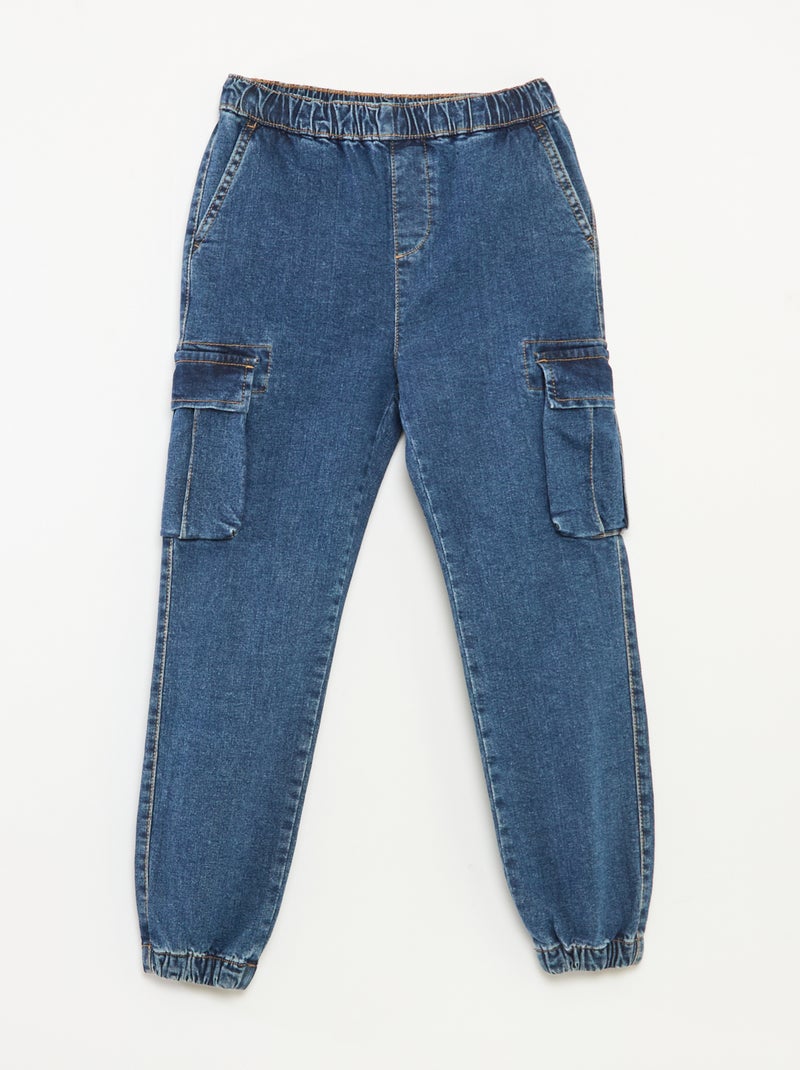 Calças com vários bolsos de ganga elástica - Corte + confortável Azul - Kiabi