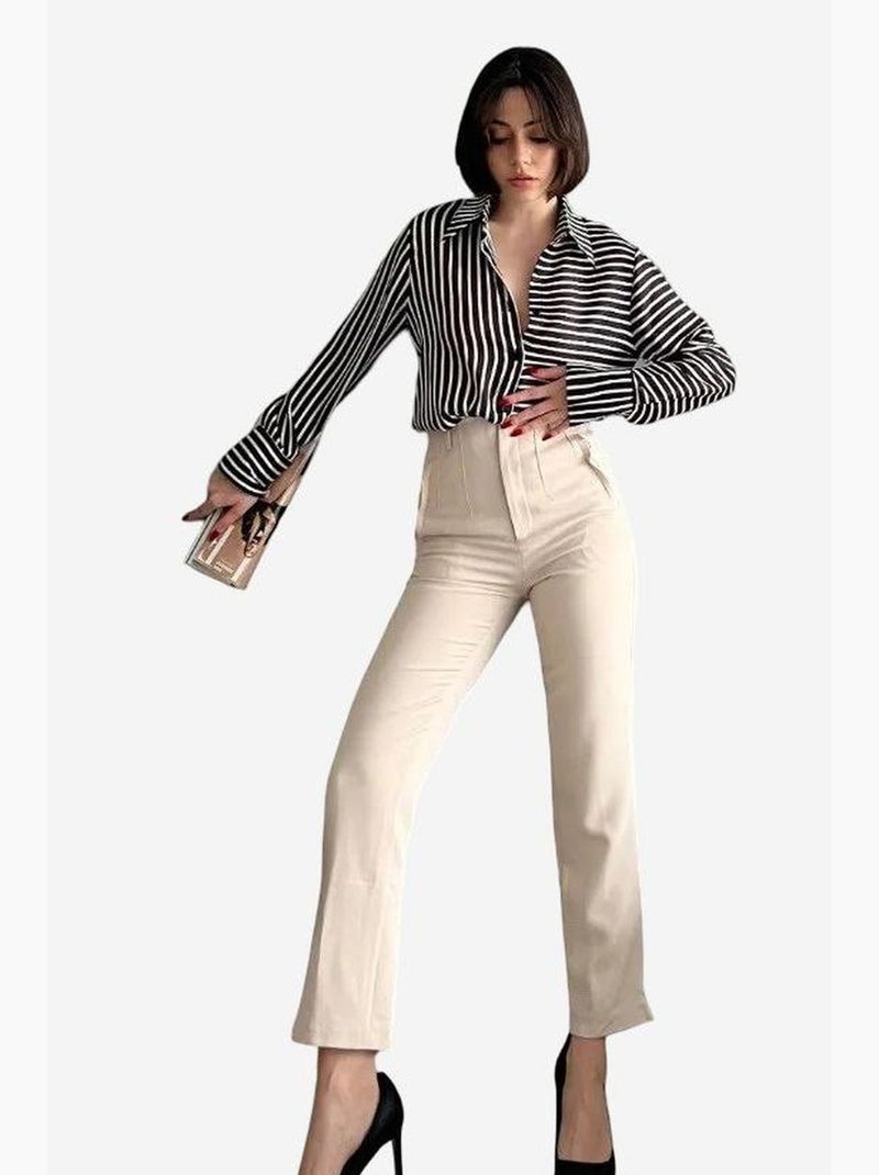 Calças cortadas à medida de cintura alta com pregas my fashion Bege-argila - Kiabi