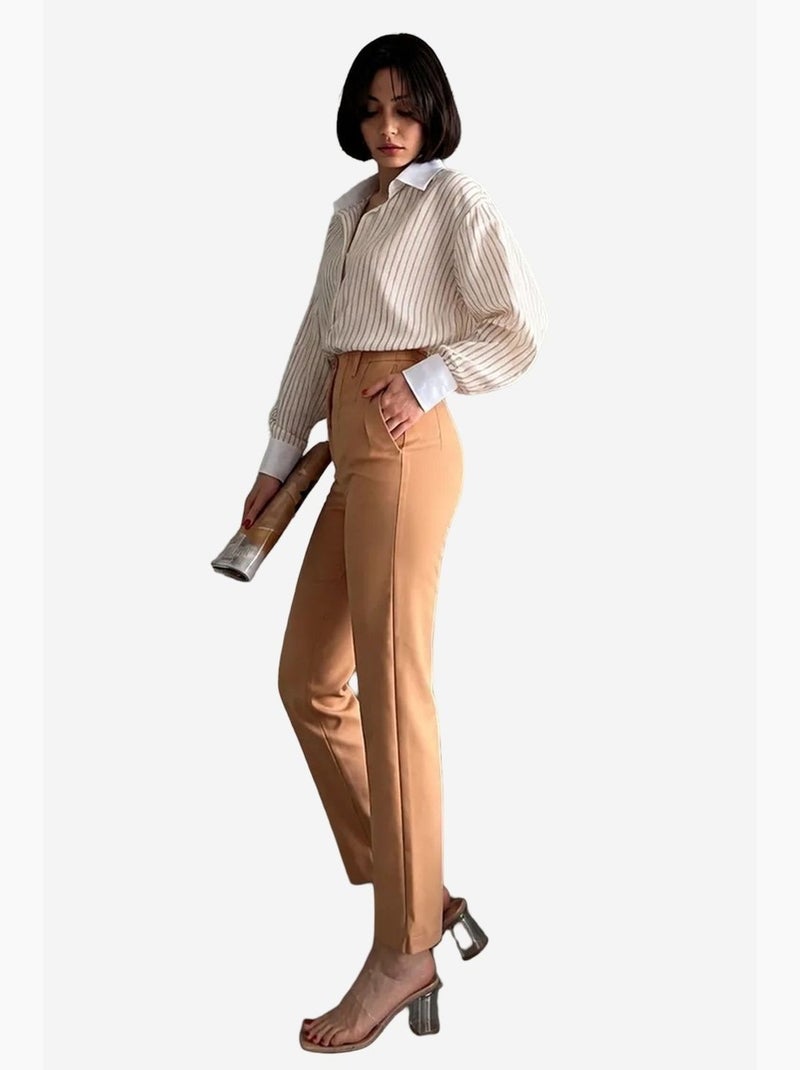 Calças cortadas à medida de cintura alta com pregas my fashion Greige - Kiabi