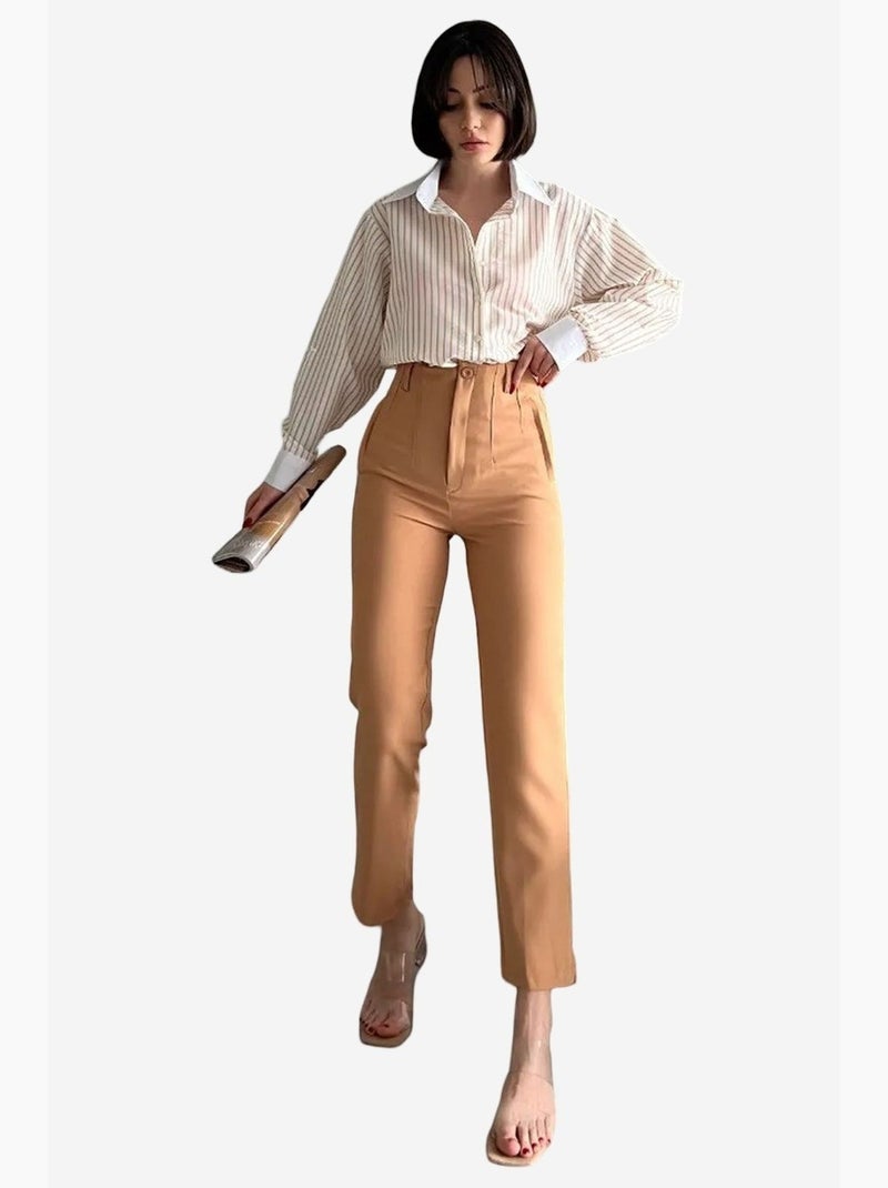 Calças cortadas à medida de cintura alta com pregas my fashion Greige - Kiabi