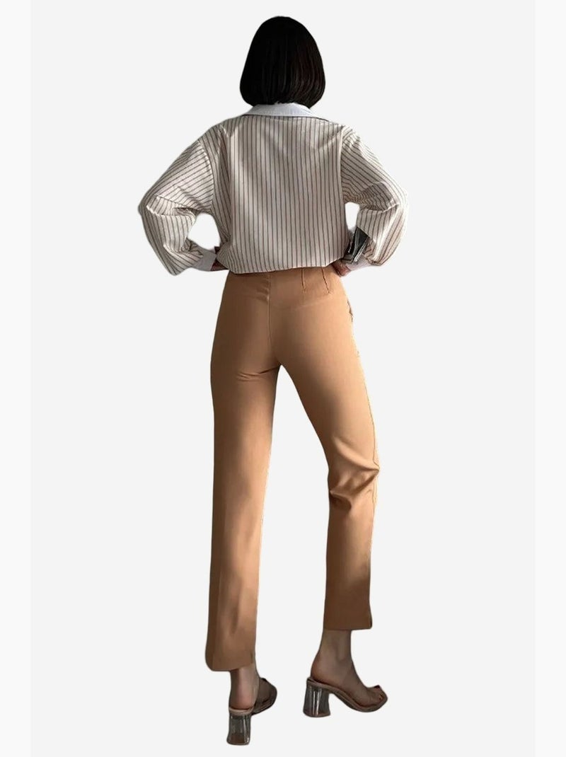 Calças cortadas à medida de cintura alta com pregas my fashion Greige - Kiabi