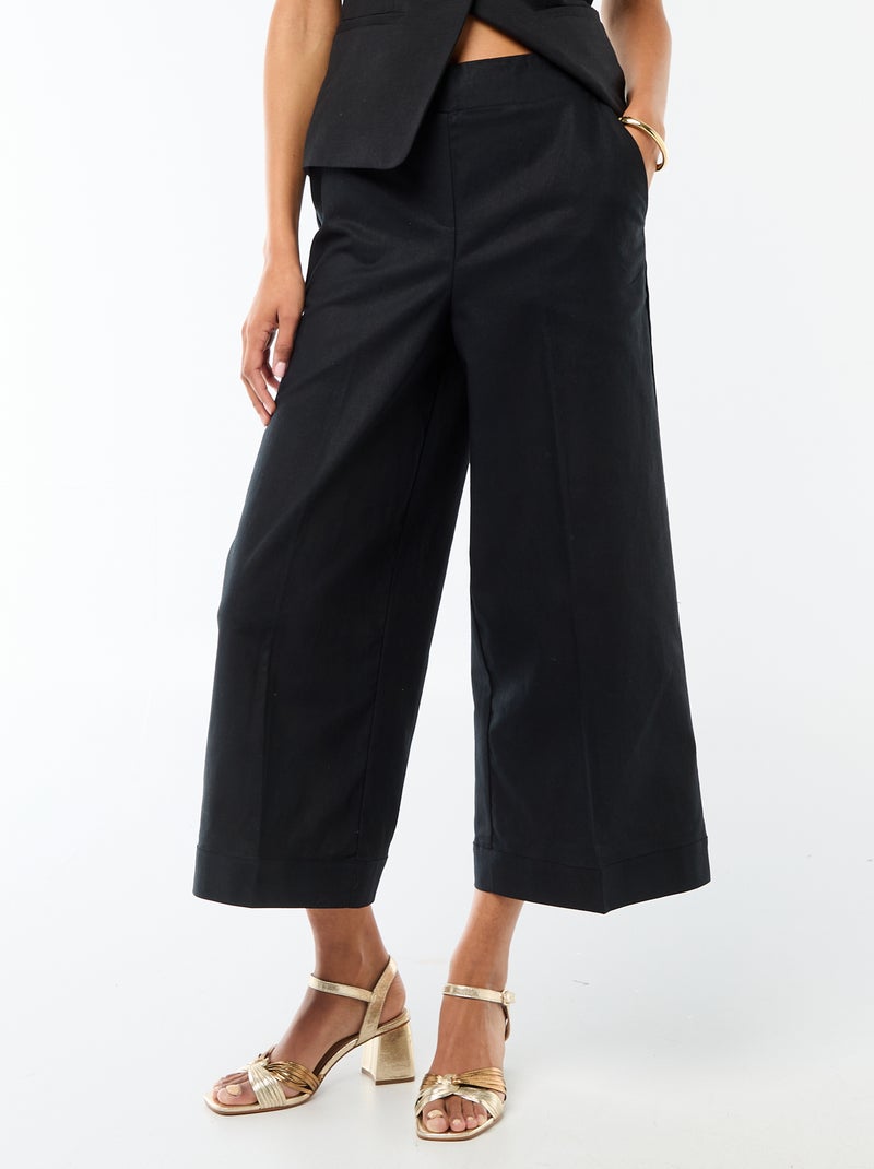 Calças culottes largas em linho misto Preto - Kiabi