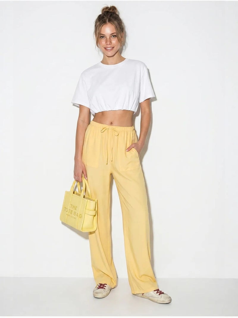 Calças de algodão de perna larga com cintura com cordão lucci Amarelo-limão - Kiabi