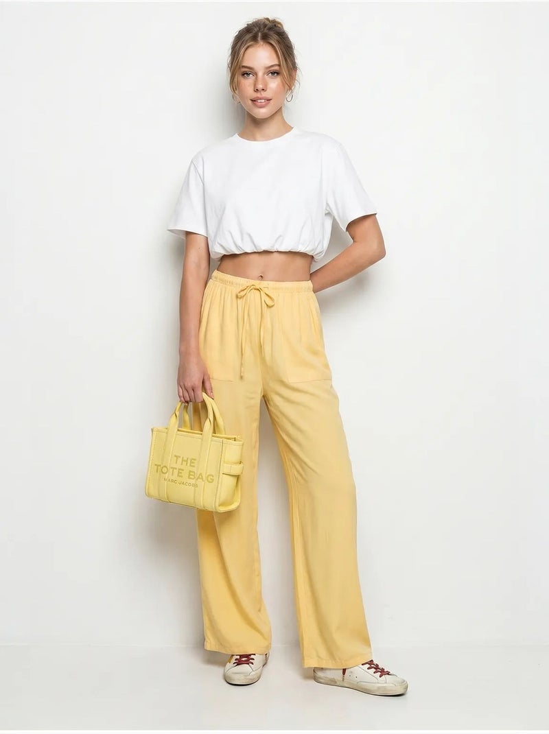 Calças de algodão de perna larga com cintura com cordão lucci Amarelo-limão - Kiabi